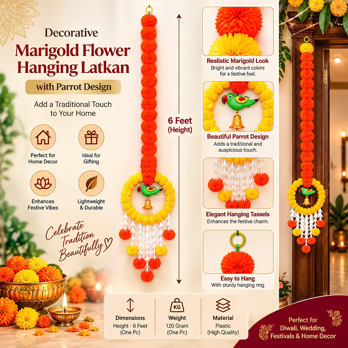 Upharkaro Decorative Marigold Flower Hanging Latkan with Parrot Design – 6 Feet, 1 Pc | Orange & Yellow Traditional Door & Wall Hanging for Diwali, Wedding & Festive Decor