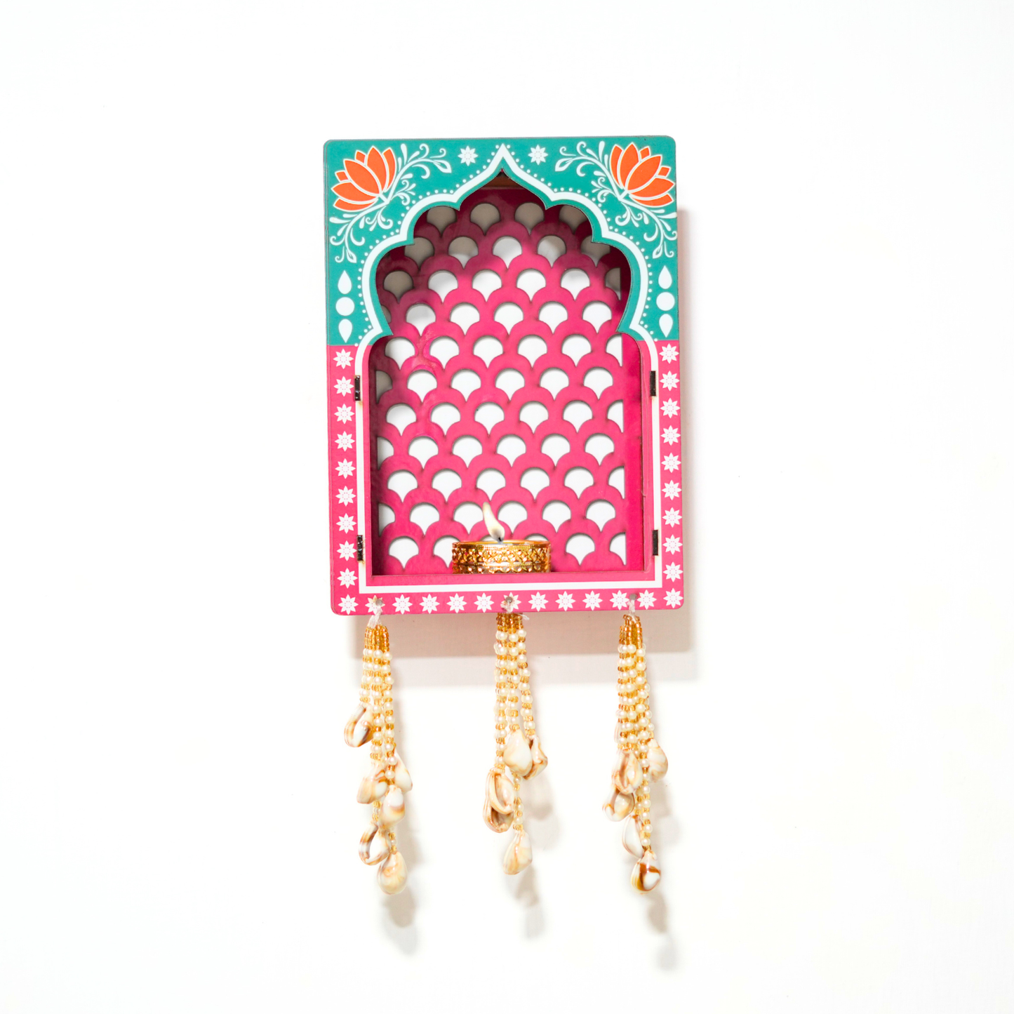Decorative jewelry holder with colorful design and hanging necklaces on a white background