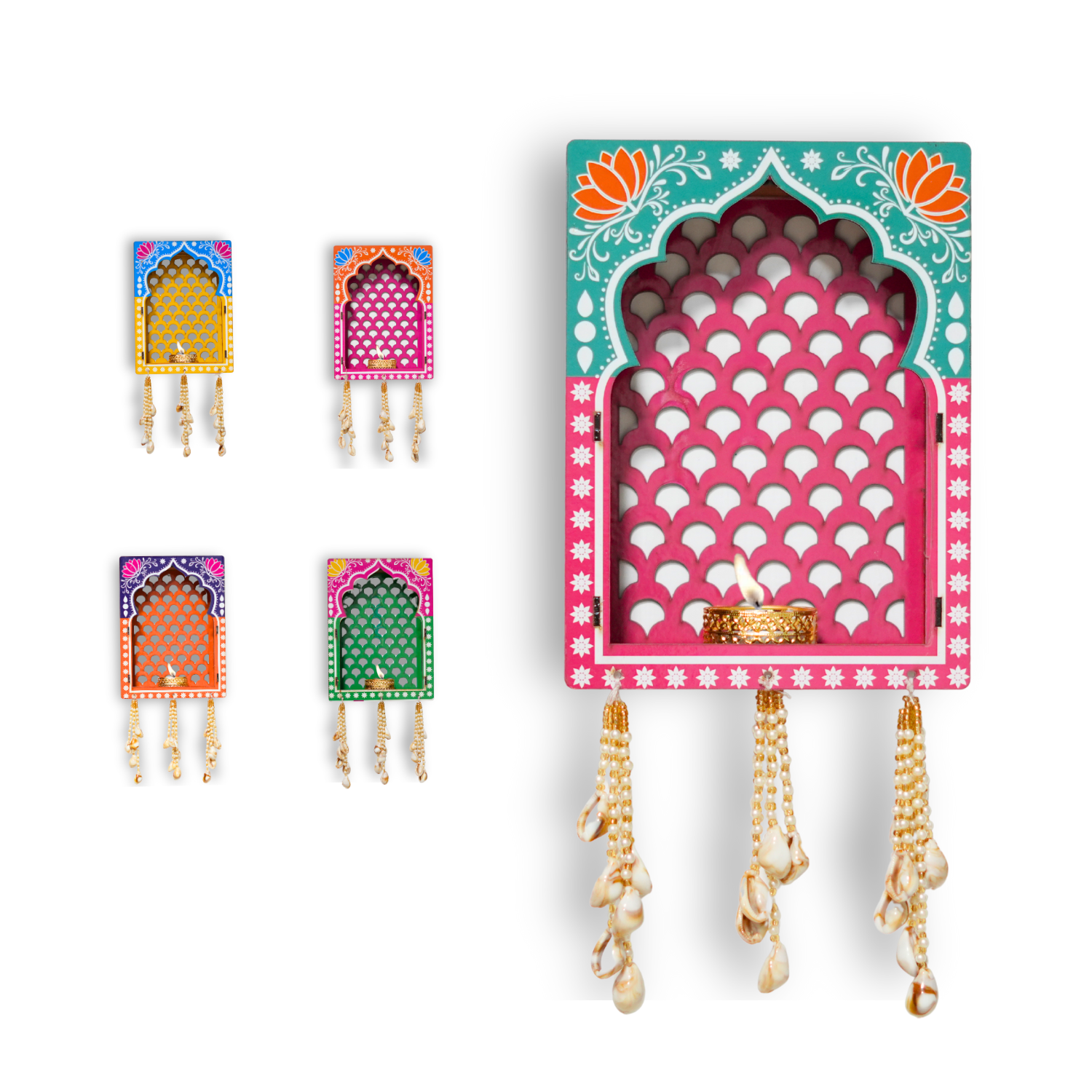 Decorative wall hooks with colorful arch designs on a white background