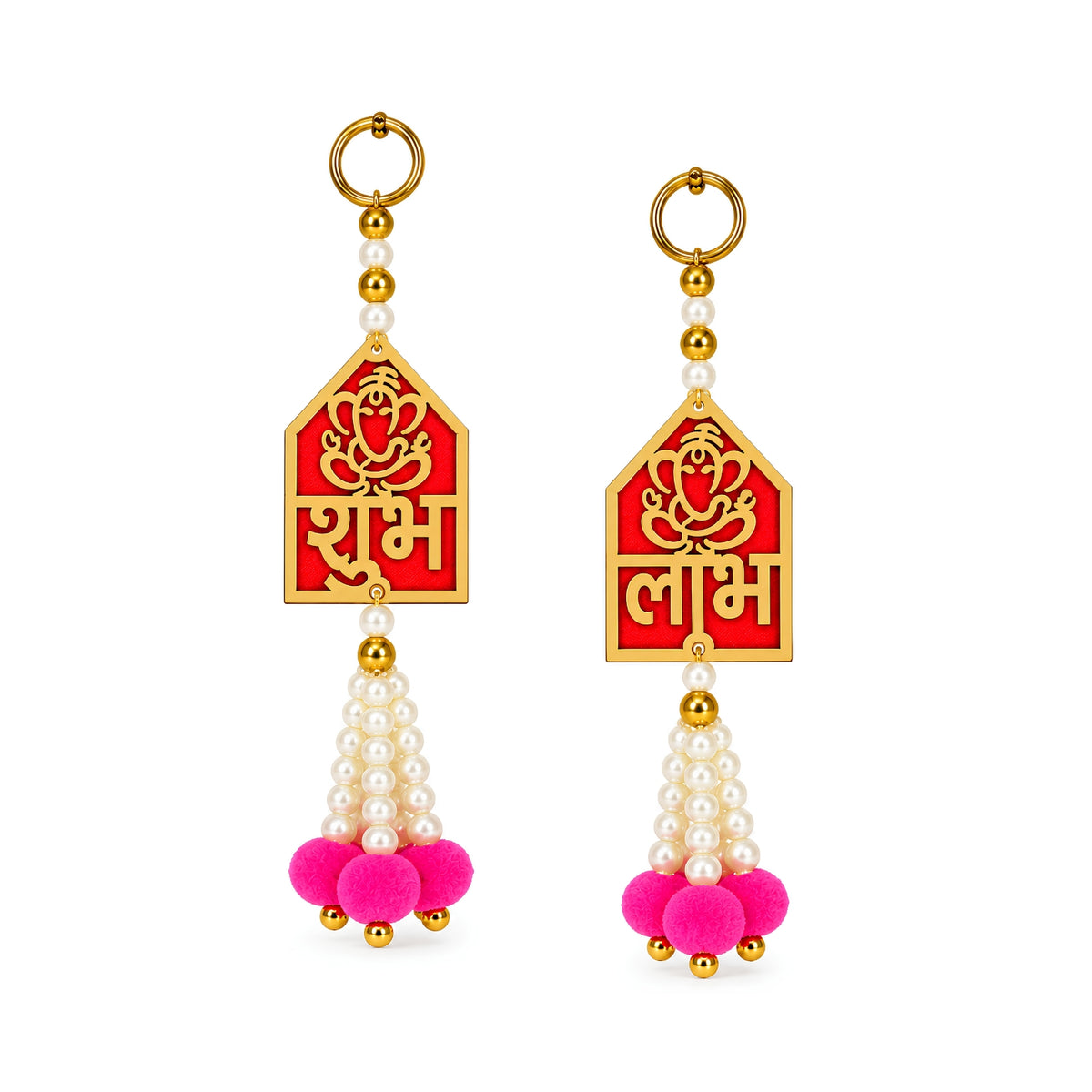 Upharkaro Shubh Labh Ganesha Hanging Latkan | Decorative Door & Wall Hanging with Pearl Beads & Pink Tassels for Diwali, Pooja & Festive Decor