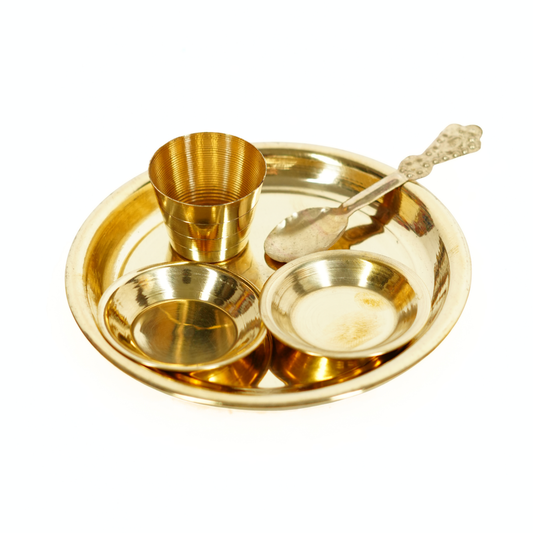 Upharkaro Decorative Laddu Gopal Bhog Thali Plate Set | Mini Plate, 2 Bowl, Glass & Spoon for Krishna Ji | Home Temple & Janmashtami Pooja Decor