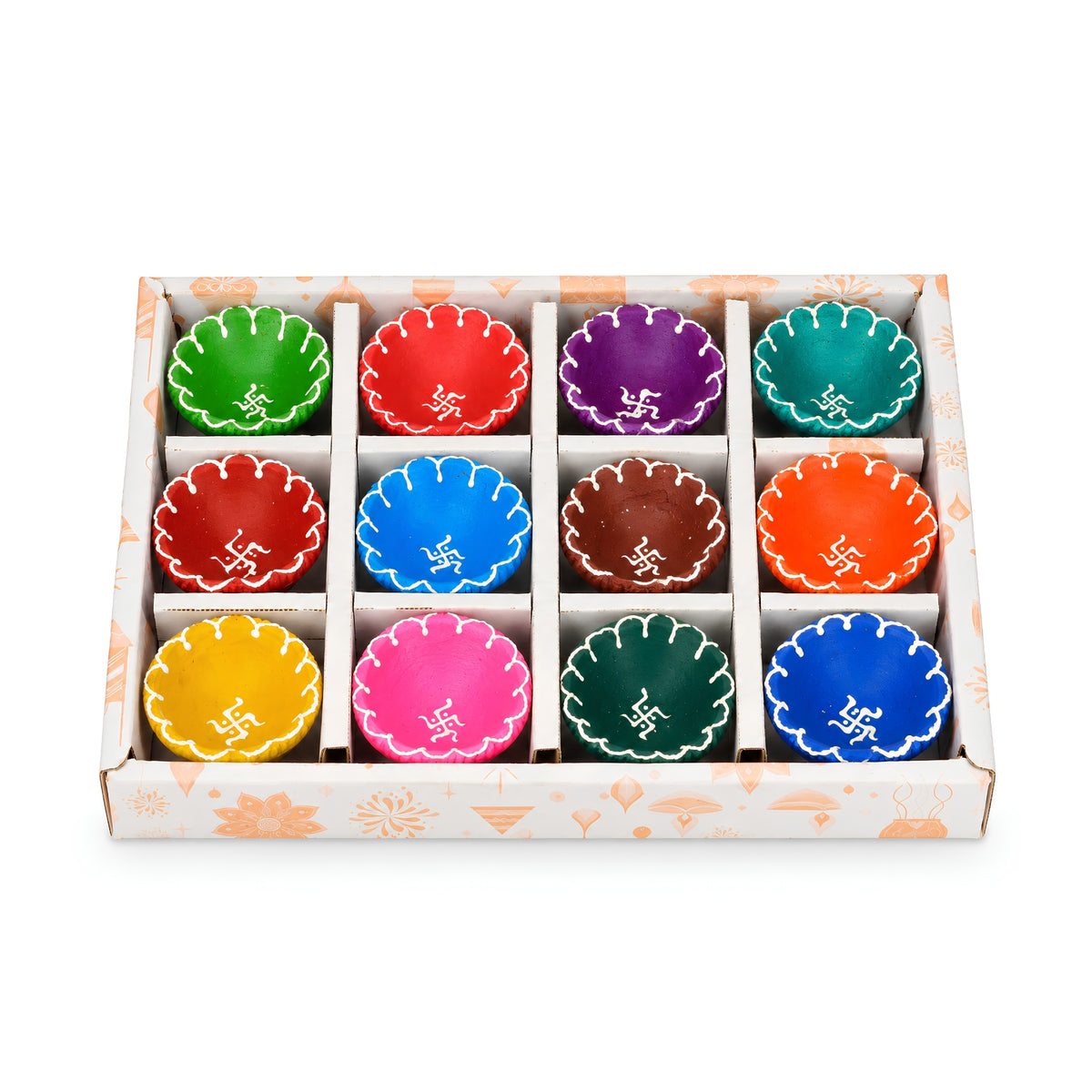 Hand-Painted Clay Fancy Swastik Diya Set of 12 – Decorative Traditional Diyas for Diwali, Pooja, Home Decor & Festive Gifting