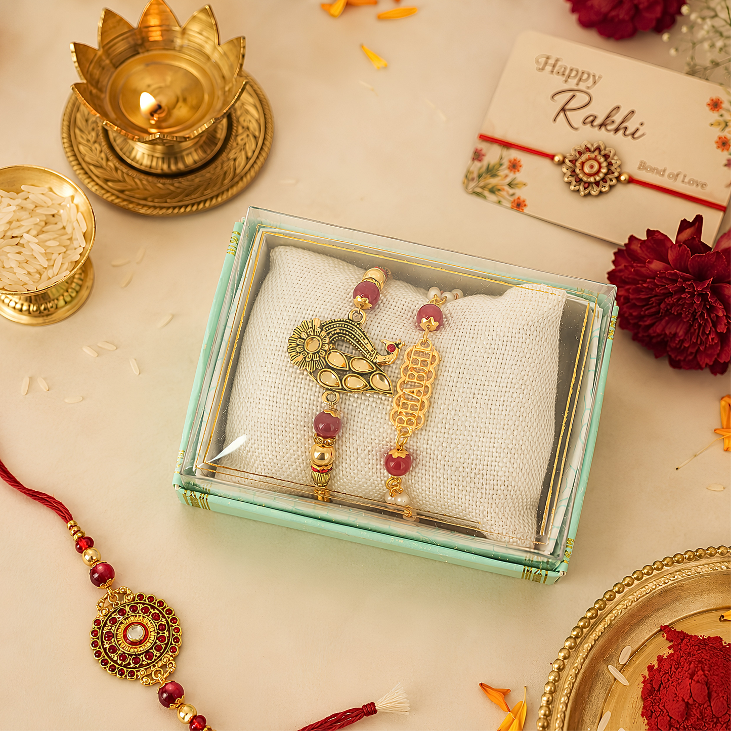 Upharkaro Premium Bhaiya Bhabhi Rakhi Set | Designer Peacock & Golden Rakhi Pair with Greeting Card | Raksha Bandhan Gift for Brother & Bhabhi