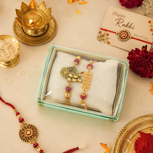 Upharkaro Premium Bhaiya Bhabhi Rakhi Set | Designer Peacock & Golden Rakhi Pair with Greeting Card | Raksha Bandhan Gift for Brother & Bhabhi