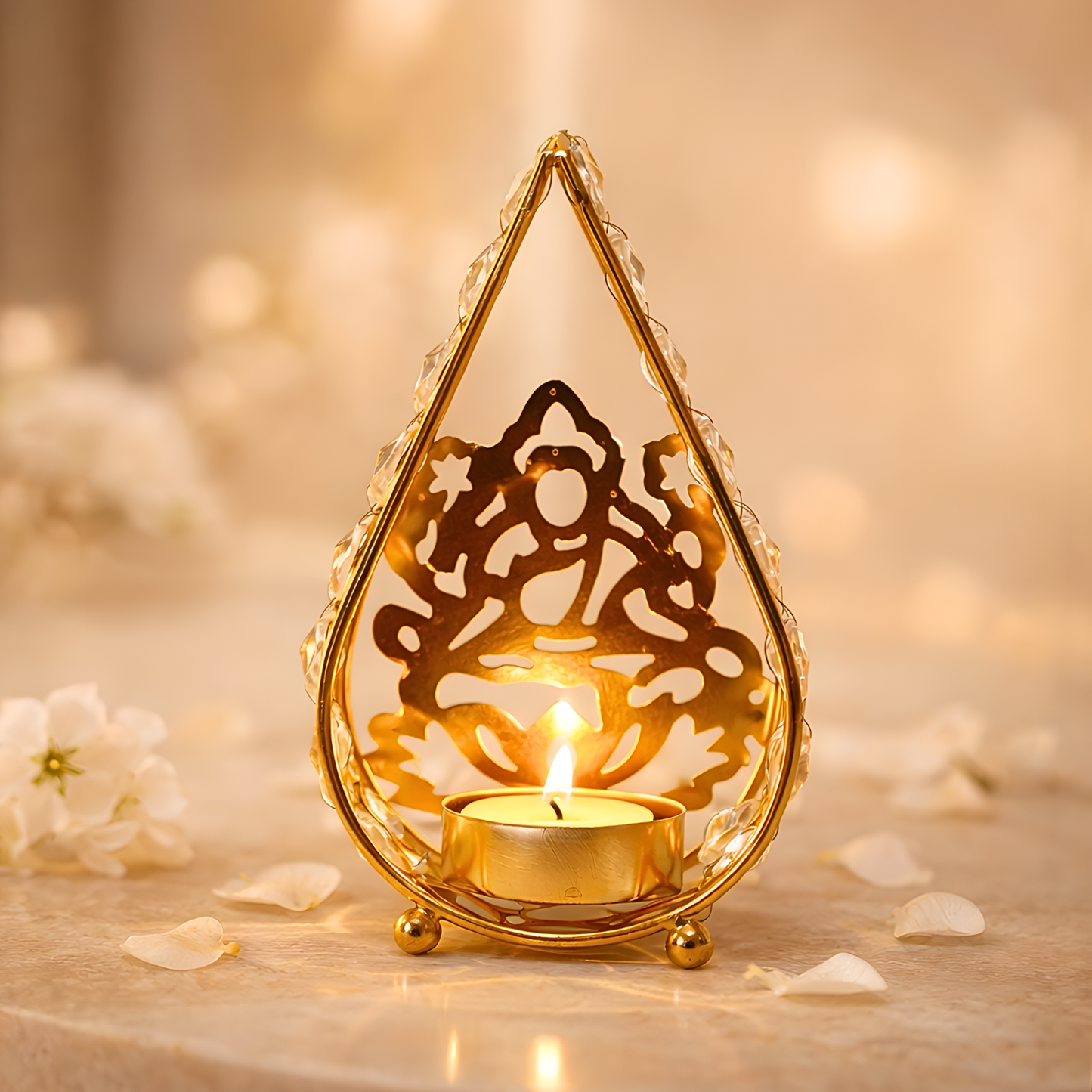 Upharkaro Golden Metal Tealight Candle Holder with Crystal Design (5 Inch) Decorative Diya Stand for Home Decor, Pooja Room, Diwali Decoration