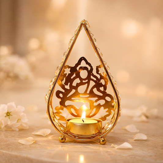 Upharkaro Golden Metal Tealight Candle Holder with Crystal Design (5 Inch) Decorative Diya Stand for Home Decor, Pooja Room, Diwali Decoration