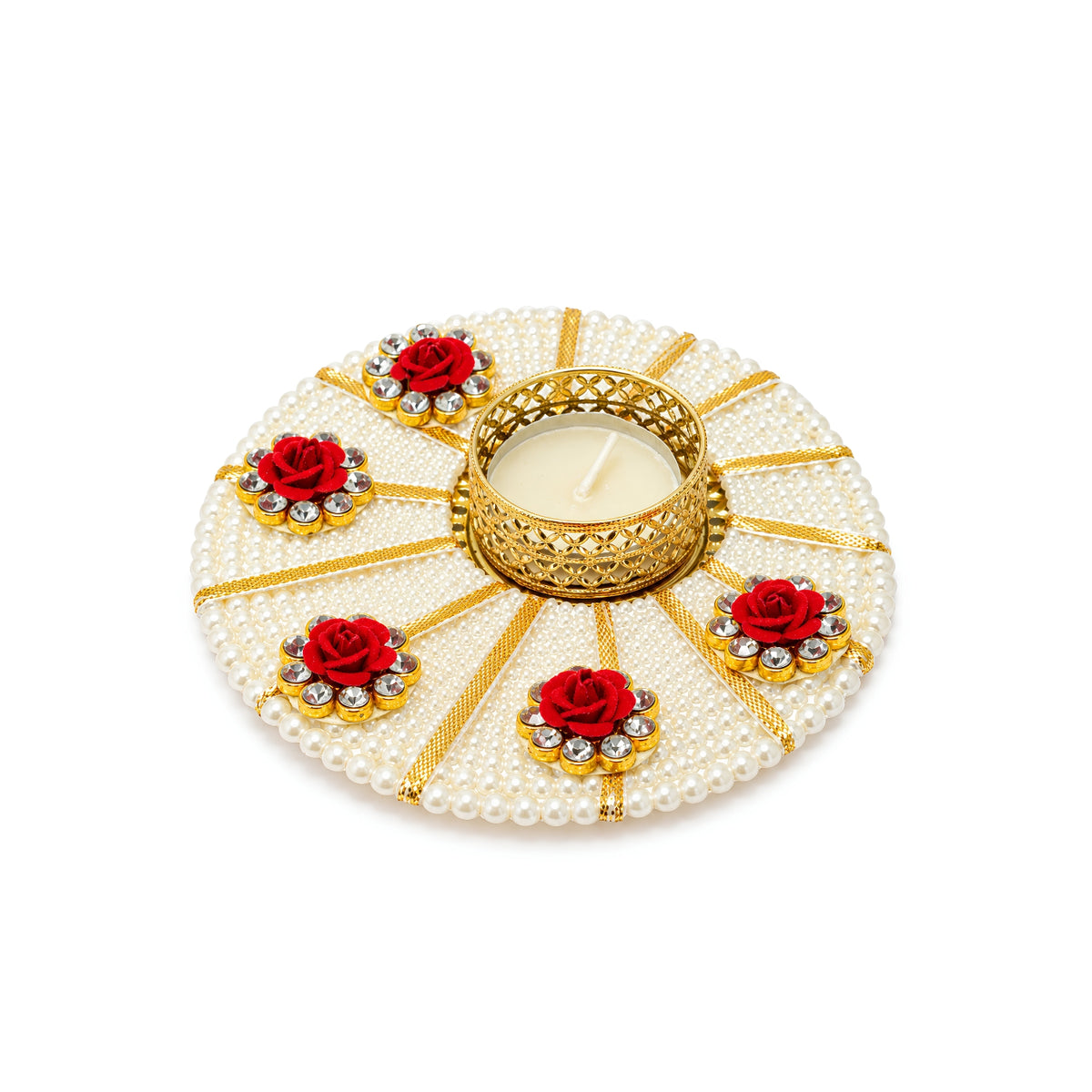 Upharkaro Decorative Pearl T-Light Candle Holder | 12.5 cm Round Handmade Diya & Tealight Holder with Artificial Red Roses for Diwali, Home Decor & Festive Decoration