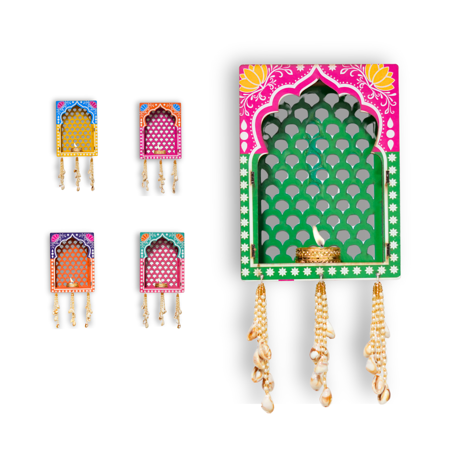 Decorative wall hanging with colorful arch designs and gold chains on a white background