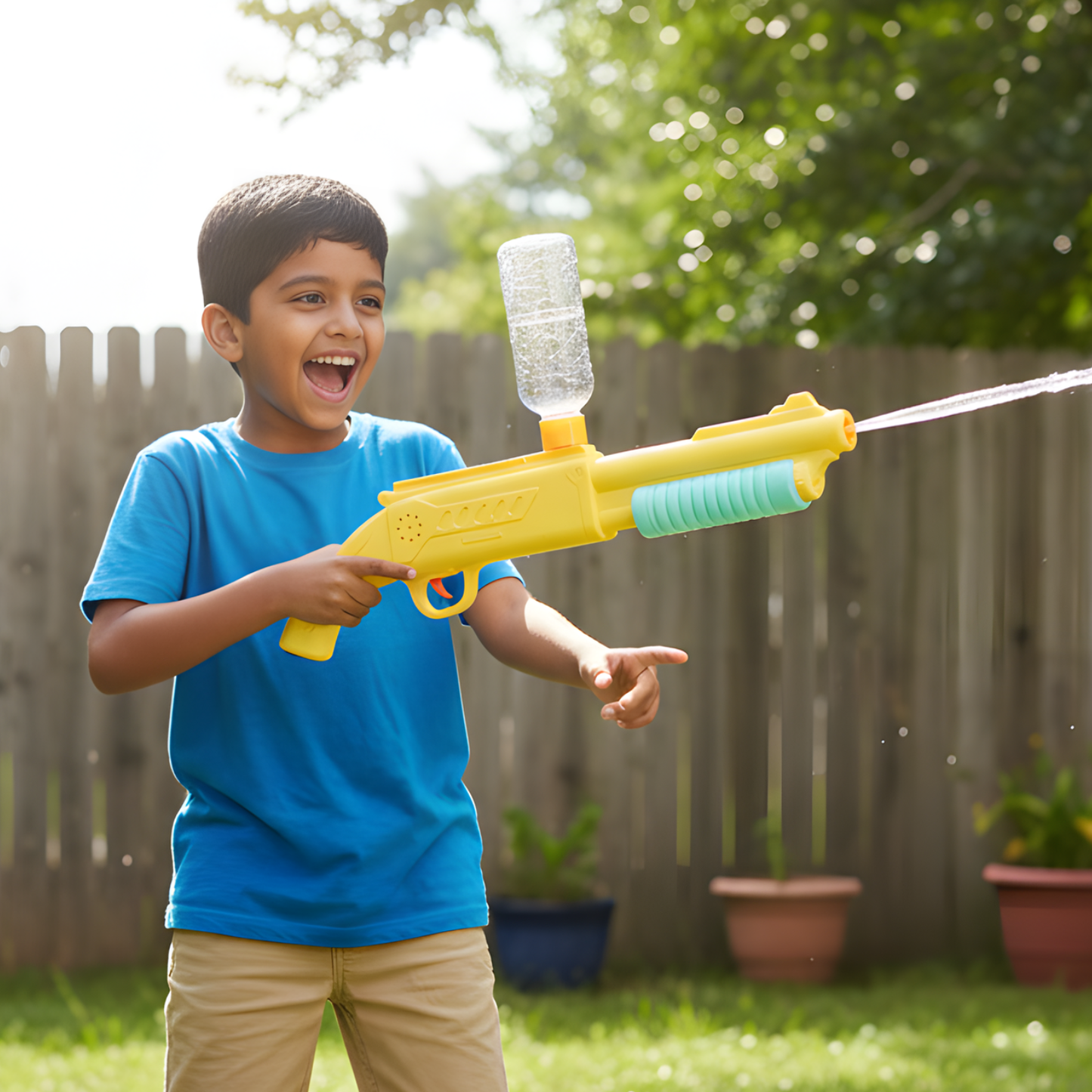 Upharkaro Electronic Holi Pichkari Paint Gun with Bottle Tank Battery Operated Automatic High Pressure Spray Toy Yellow