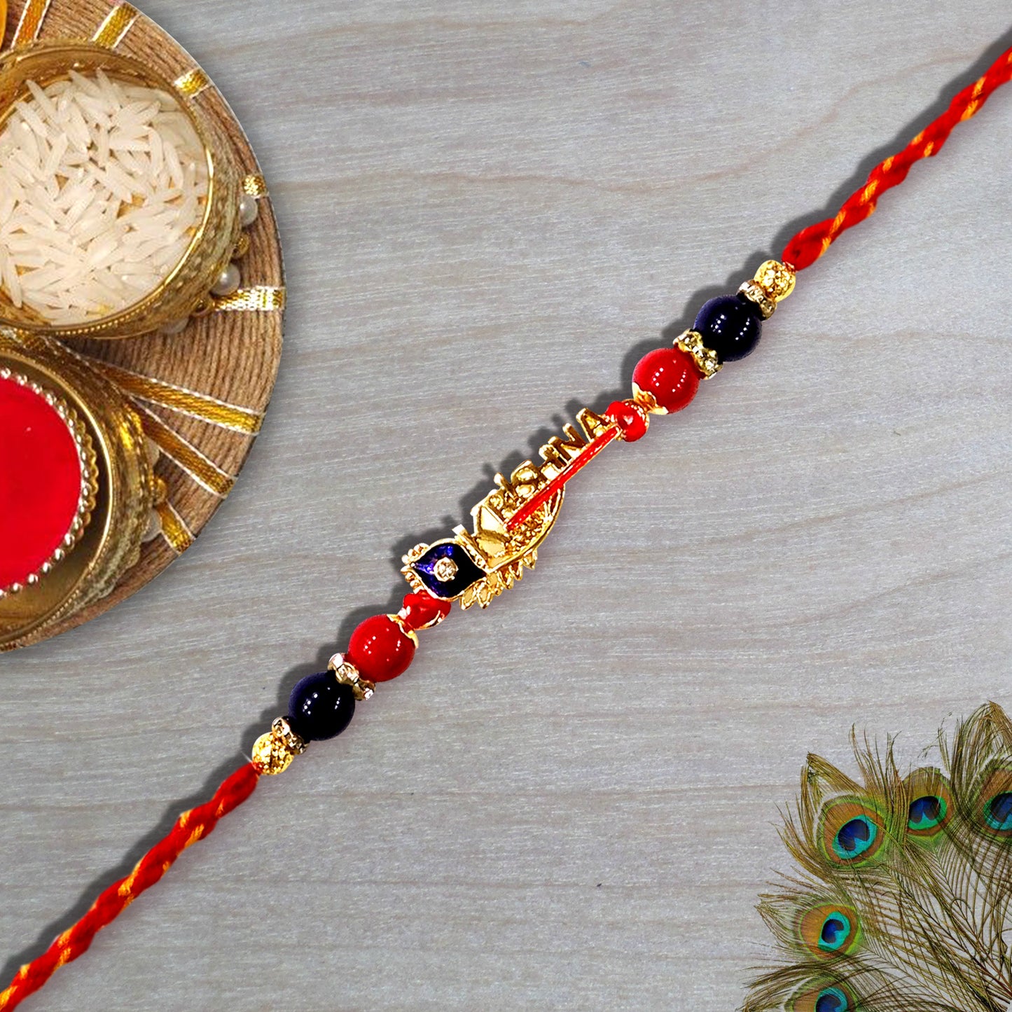 Premium Shri Krishna Name Rakhi with Red & Blue Beads | Designer Rakhi for Bhaiya
