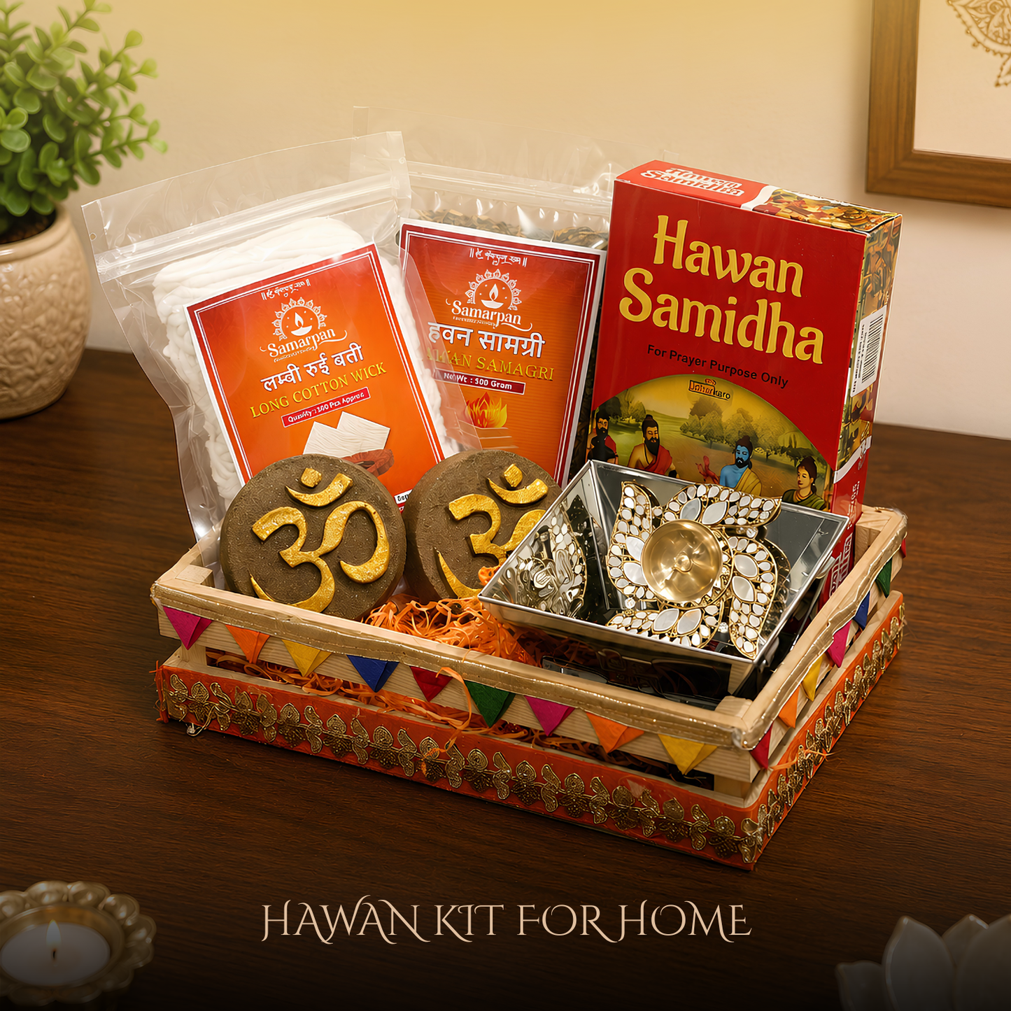 Upharkaro Complete Hawan Kit for Home & Temple | Hawan Kund, Hawan Samagri, Samidha, Long Cotton Wicks, Om Cow Dung & Decorative Swastik Diya | Puja & Yagya Essentials Gift Set