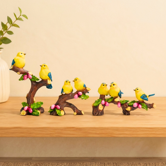 Upharkaro Premium Yellow Sparrow Birds on Branch Set of 3 | Decorative Resin Birds for Home & Garden Decor By Upharkaro