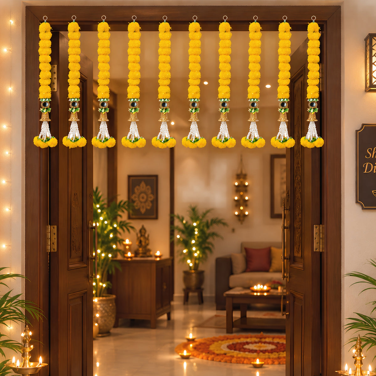 Upharkaro Marigold Flower Latkan for Door & Home Decor – 10 Pc Set | Handmade Decorative Hanging Toran with Beads & Tassels | Diwali, Festive & Pooja Decoration