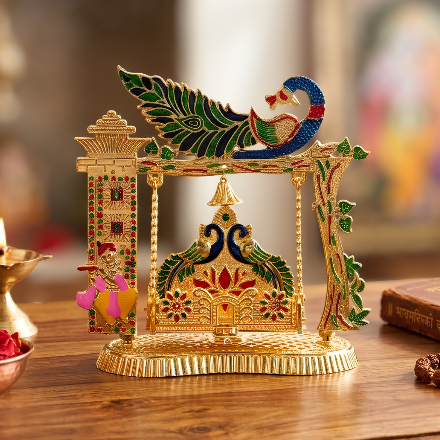 Decorative Meenakari Plastic Jhula for Laddu Gopal | Golden Peacock Design Swing for Krishna Ji | Home Temple & Janmashtami Decor