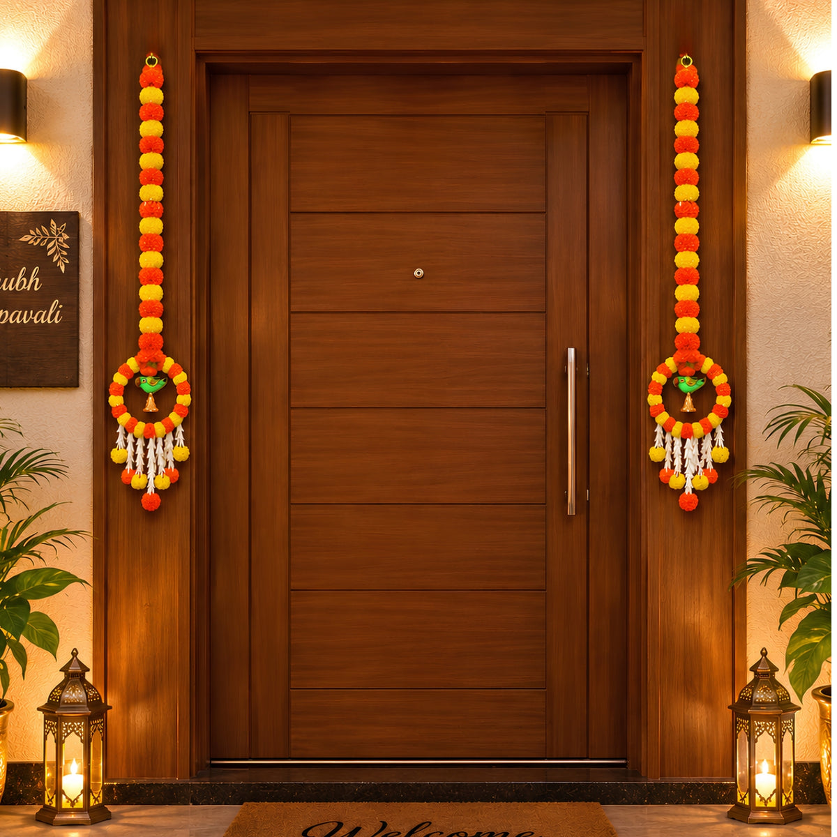 Upharkaro Decorative Marigold Flower Hanging Latkan with Parrot Design – 6 Feet, Set of 2 | Orange & Yellow Traditional Door & Wall Hanging for Diwali, Wedding & Festive Decor