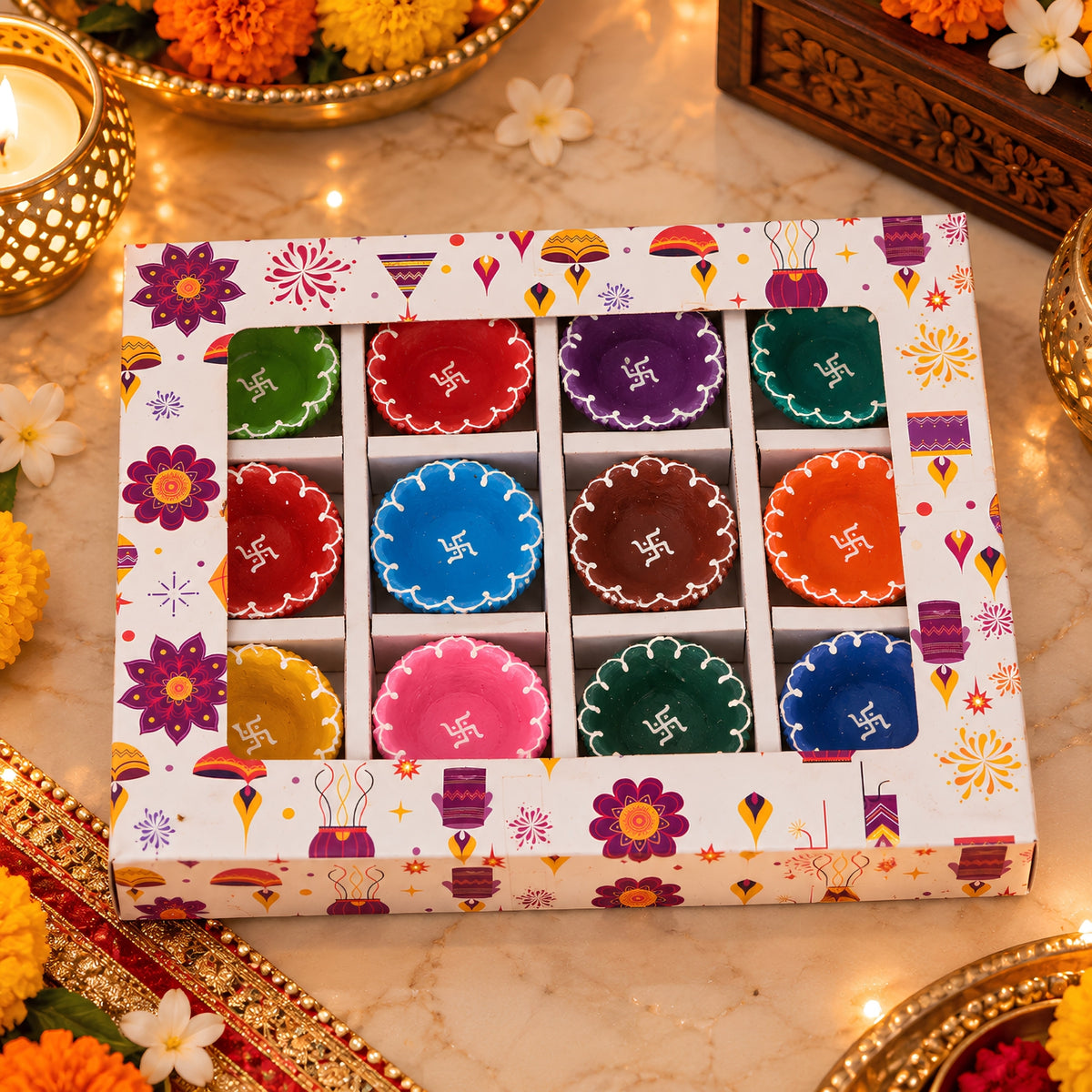 Hand-Painted Clay Fancy Swastik Diya Set of 12 – Decorative Traditional Diyas for Diwali, Pooja, Home Decor & Festive Gifting