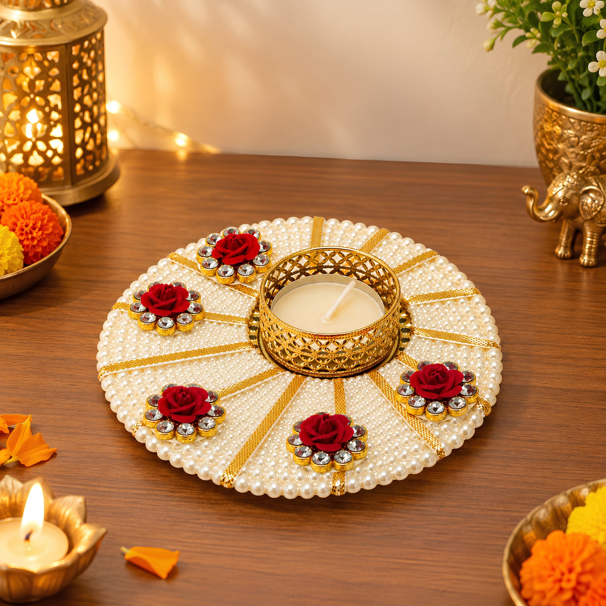 Upharkaro Decorative Pearl T-Light Candle Holder | 12.5 cm Round Handmade Diya & Tealight Holder with Artificial Red Roses for Diwali, Home Decor & Festive Decoration