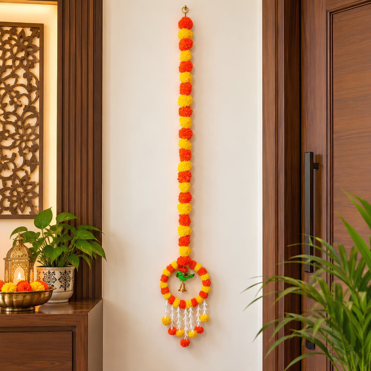 Upharkaro Decorative Marigold Flower Hanging Latkan with Parrot Design – 6 Feet, 1 Pc | Traditional Door & Wall Hanging for Diwali, Wedding & Festive Decor