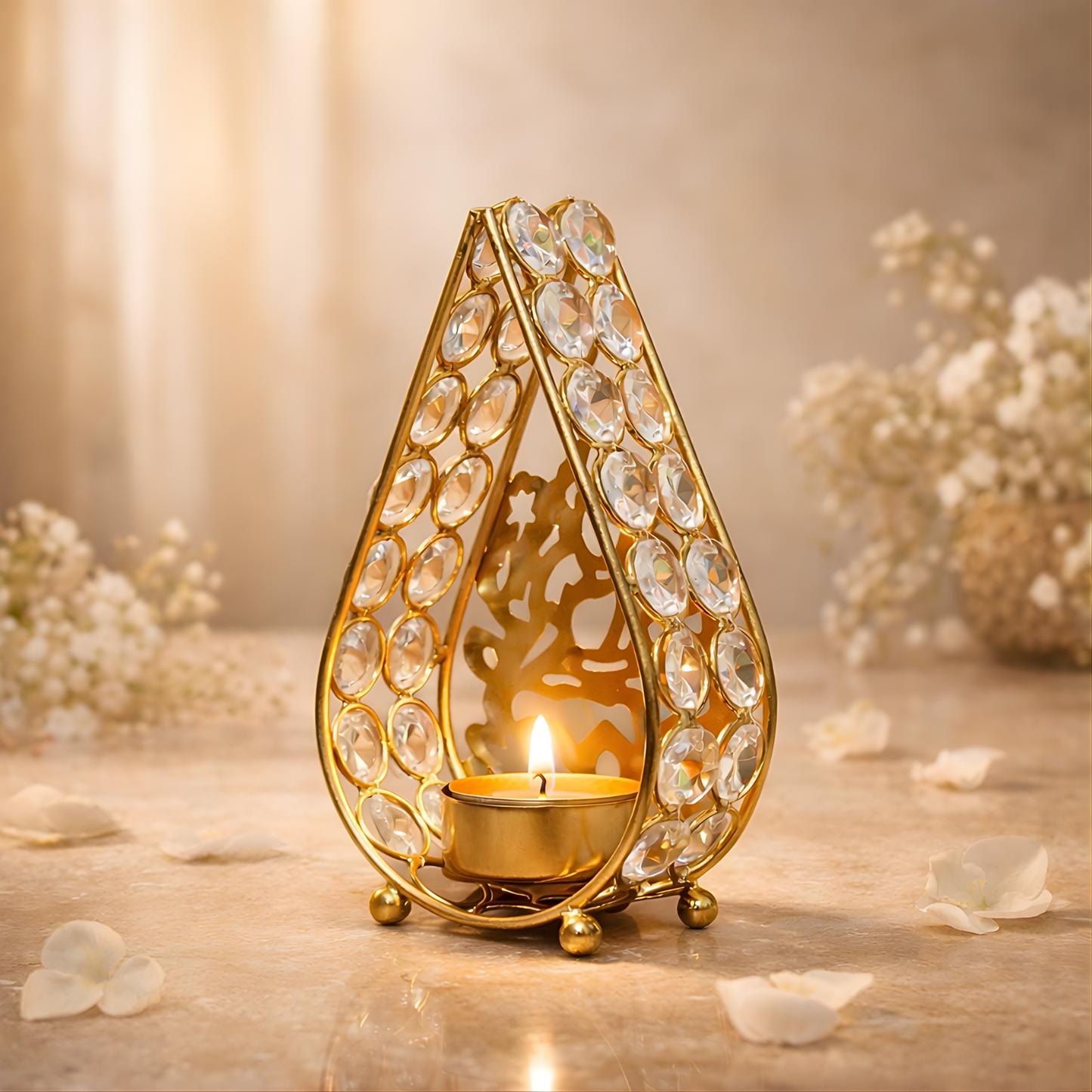 Upharkaro Golden Metal Tealight Candle Holder with Crystal Design (5 Inch) Decorative Diya Stand for Home Decor, Pooja Room, Diwali Decoration
