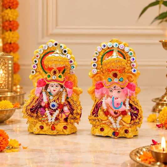 Eco-Friendly Laxmi Ganesh Clay Idol Set – 6 Inch Handcrafted Terracotta Statues for Diwali Pooja, Home Décor & Sustainable Gifting by Upharkaro