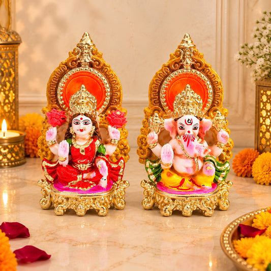 Handcrafted Eco-Friendly Laxmi Ganesh Statue Set – 6 Inch Decorative Terracotta Idols for Diwali Pooja & Home Decor by Upharkaro
