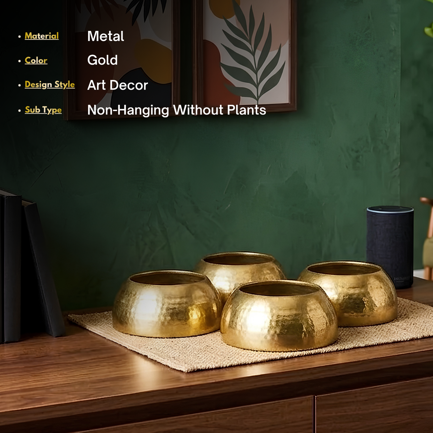 Set of 4 Hammered Gold Finish Metal Planters | Modern Decorative Indoor Plant Pots for Home, Living Room, Office & Table Décor