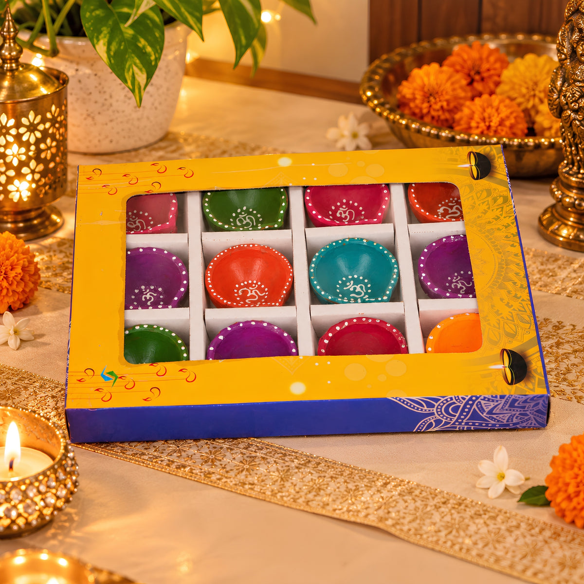 Hand-Painted Clay Fancy Om Diya Set of 12 – Decorative Traditional Diyas for Diwali, Pooja, Home Decor & Festive Gifting