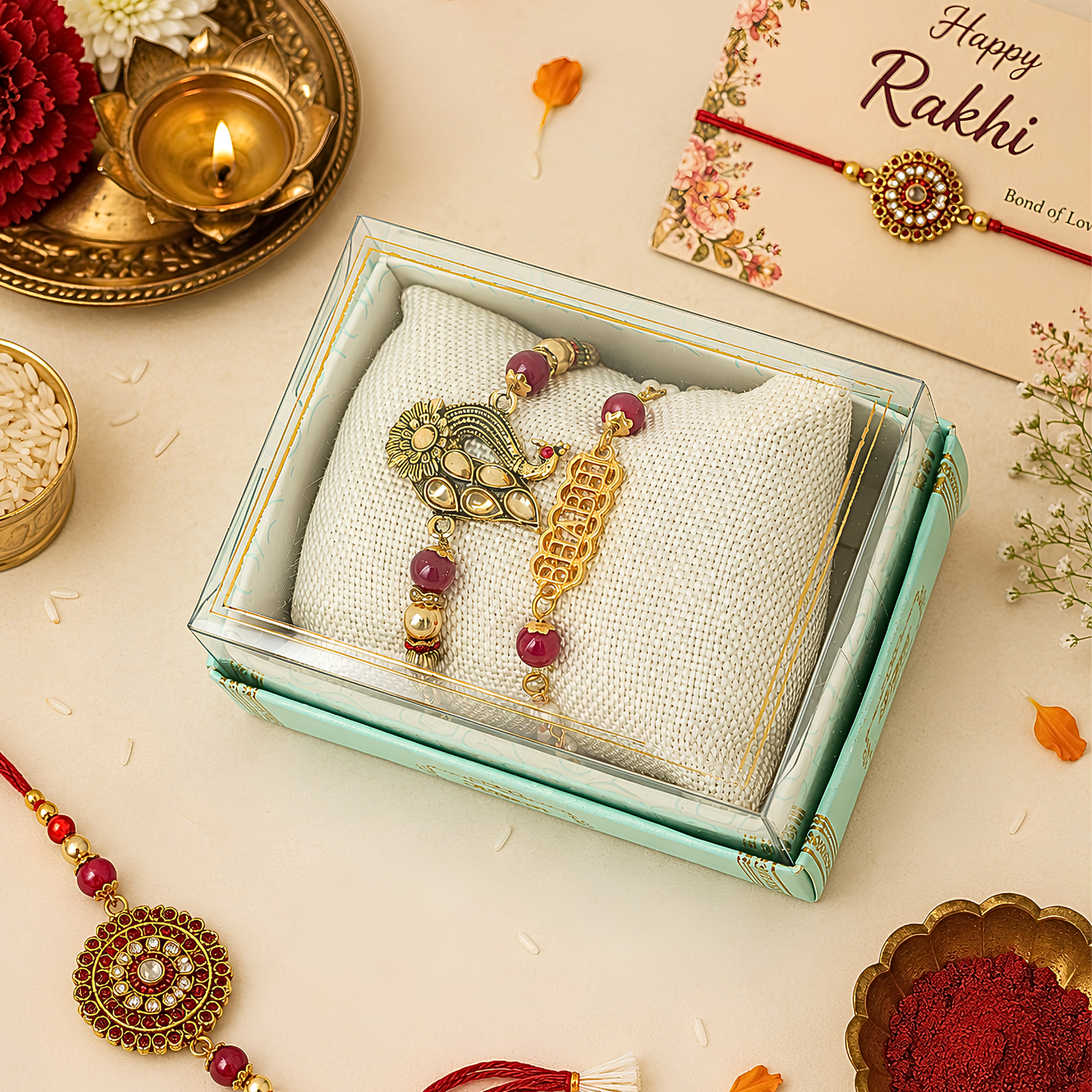 Upharkaro Premium Bhaiya Bhabhi Rakhi Set | Designer Peacock & Golden Rakhi Pair with Greeting Card | Raksha Bandhan Gift for Brother & Bhabhi