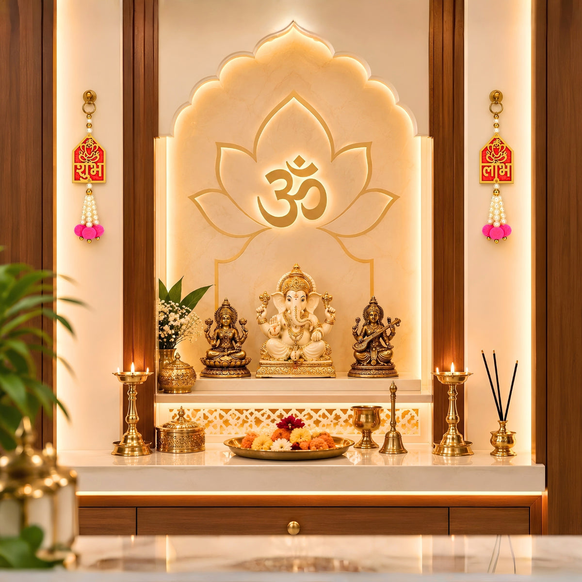 Upharkaro Shubh Labh Ganesha Hanging Latkan | Decorative Door & Wall Hanging with Pearl Beads & Pink Tassels for Diwali, Pooja & Festive Decor