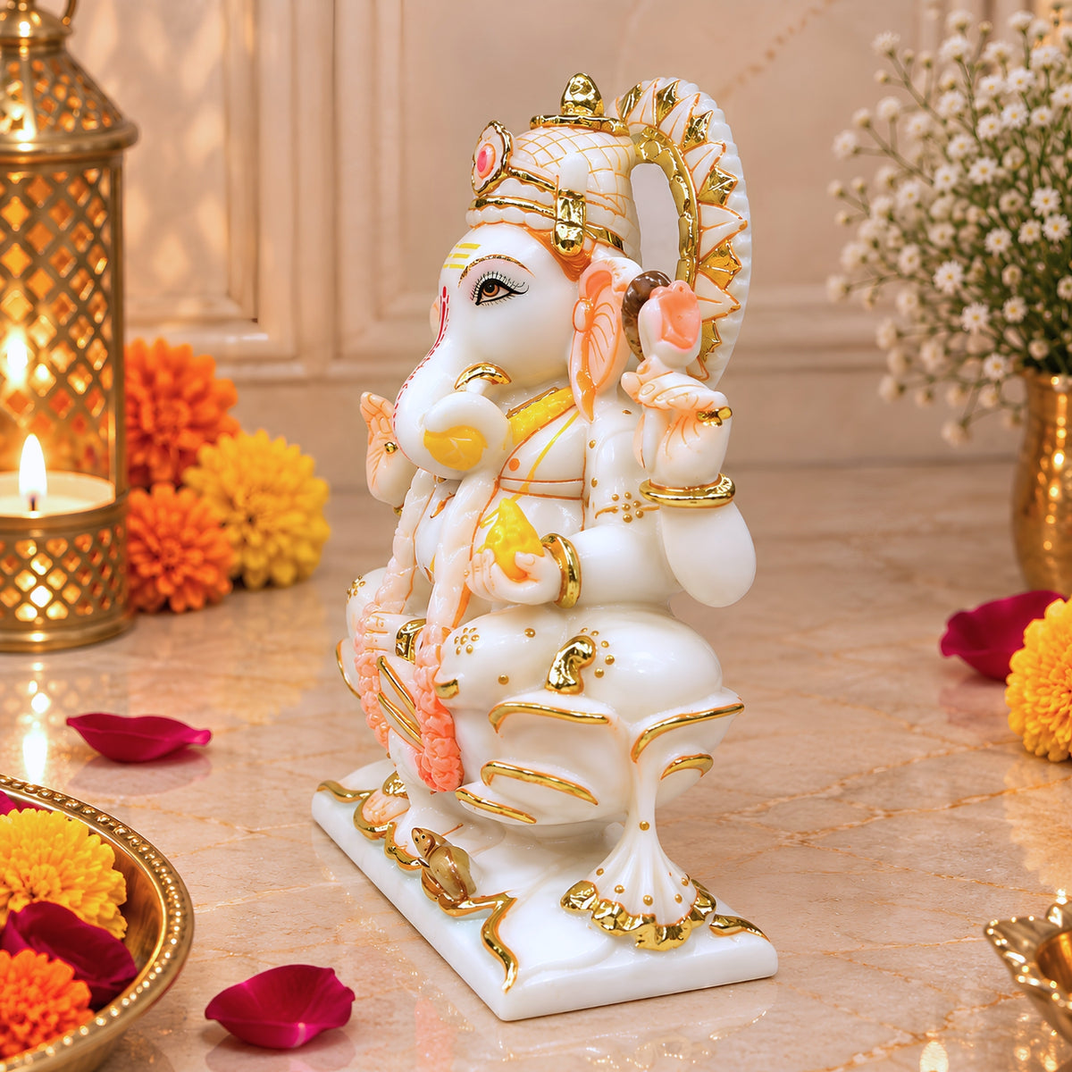 Marble Dust Lotus Ganesh Idol for Home Decor | 9 - Inch Vinayaka Statue | Decorative Ganesha Idol for Pooja Room, Mandir, Diwali, Housewarming Gift & Spiritual Decor (White Marble Look)