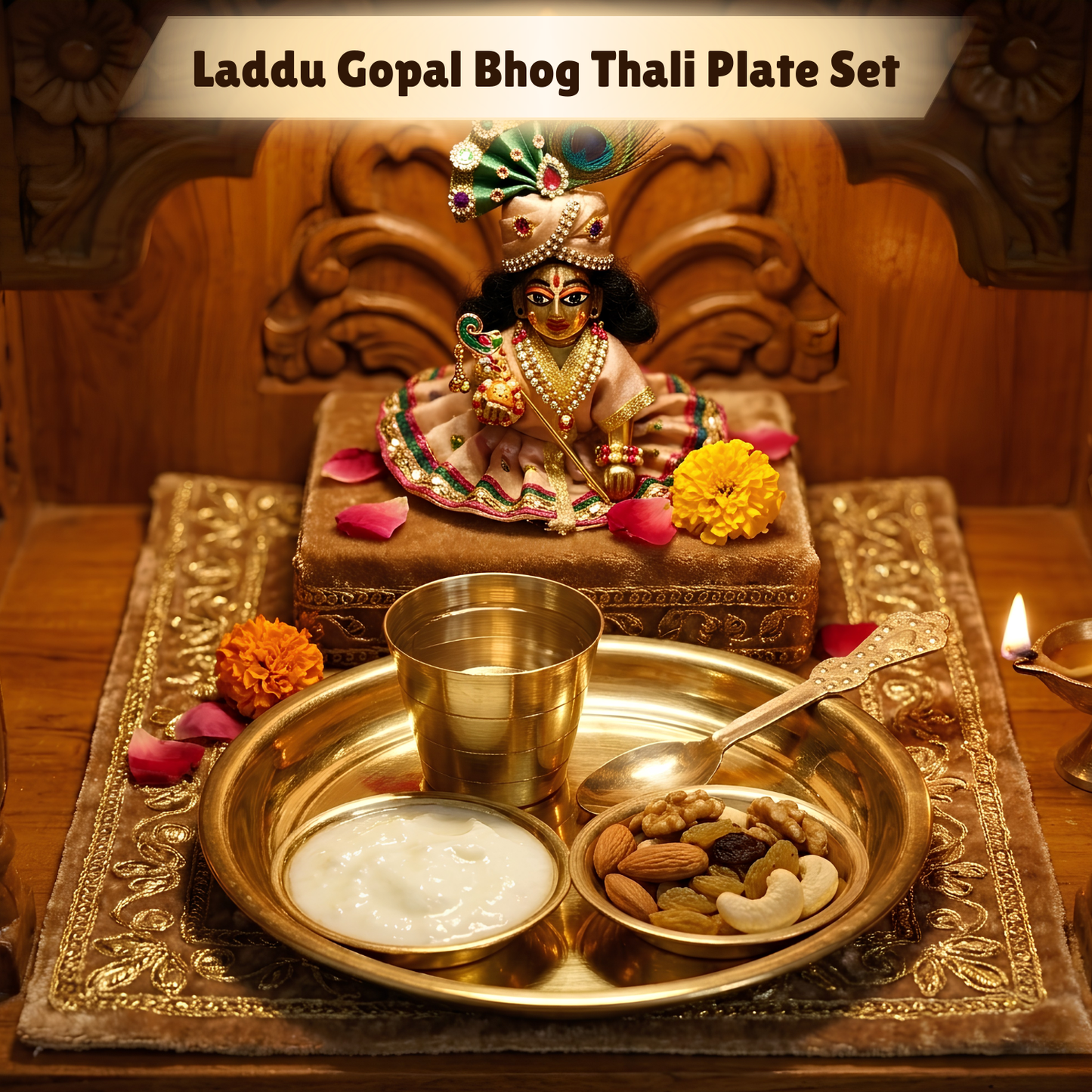Upharkaro Decorative Laddu Gopal Bhog Thali Plate Set | Mini Plate, 2 Bowl, Glass & Spoon for Krishna Ji | Home Temple & Janmashtami Pooja Decor
