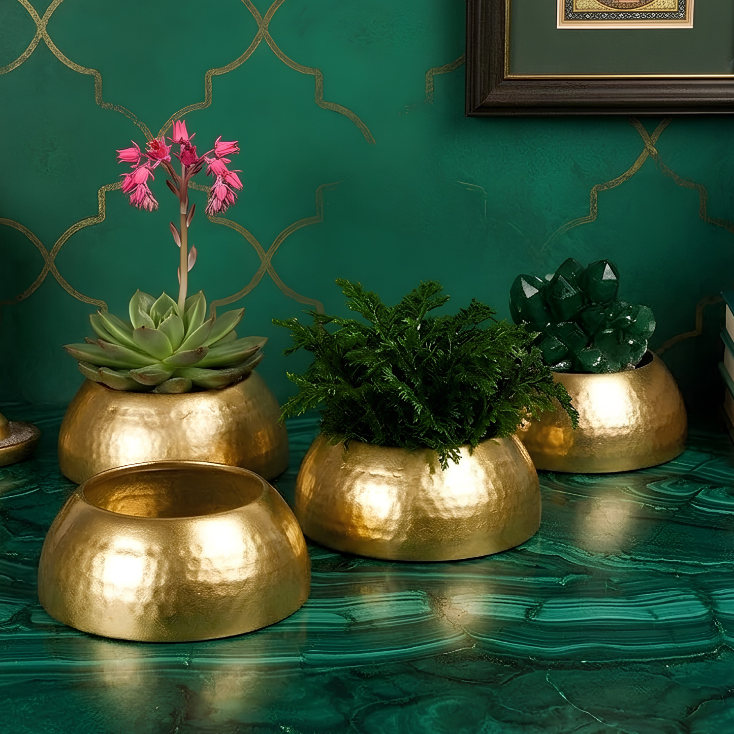 Set of 4 Hammered Gold Finish Metal Planters | Modern Decorative Indoor Plant Pots for Home, Living Room, Office & Table Décor