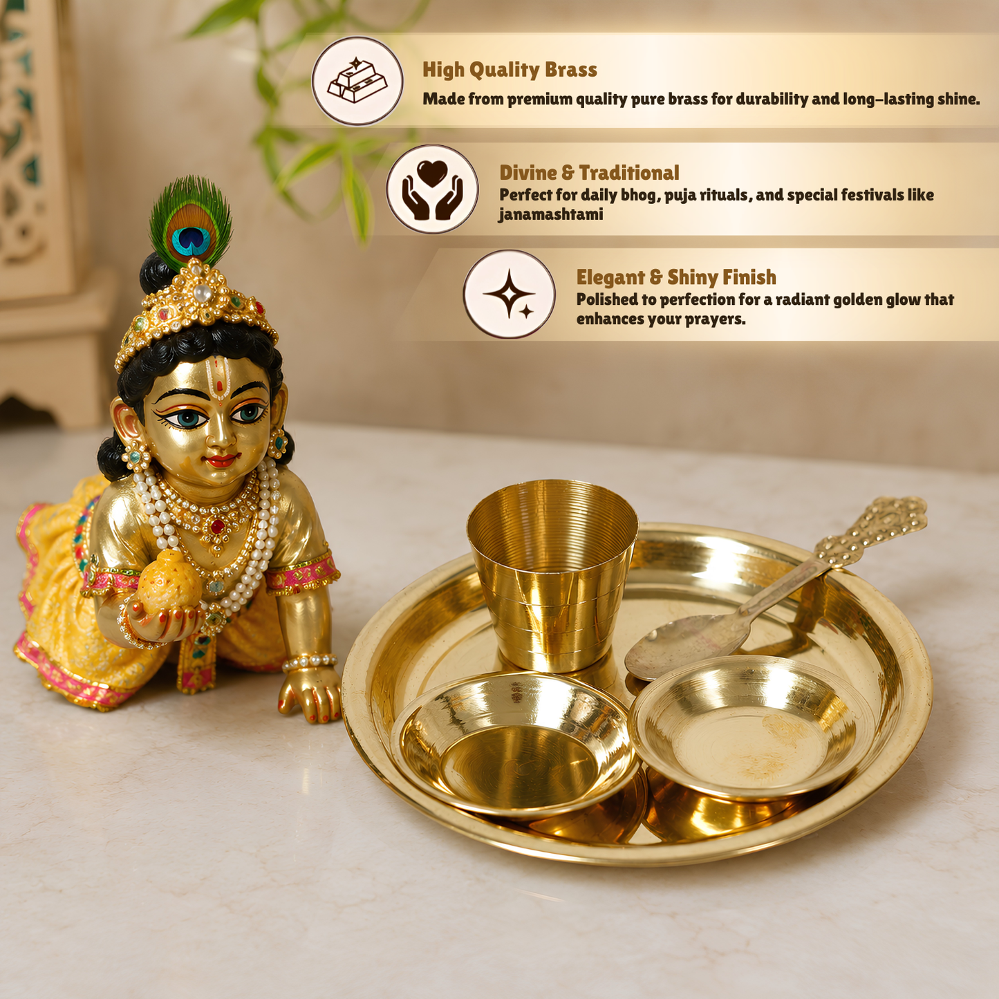 Upharkaro Decorative Laddu Gopal Bhog Thali Plate Set | Mini Plate, 2 Bowl, Glass & Spoon for Krishna Ji | Home Temple & Janmashtami Pooja Decor