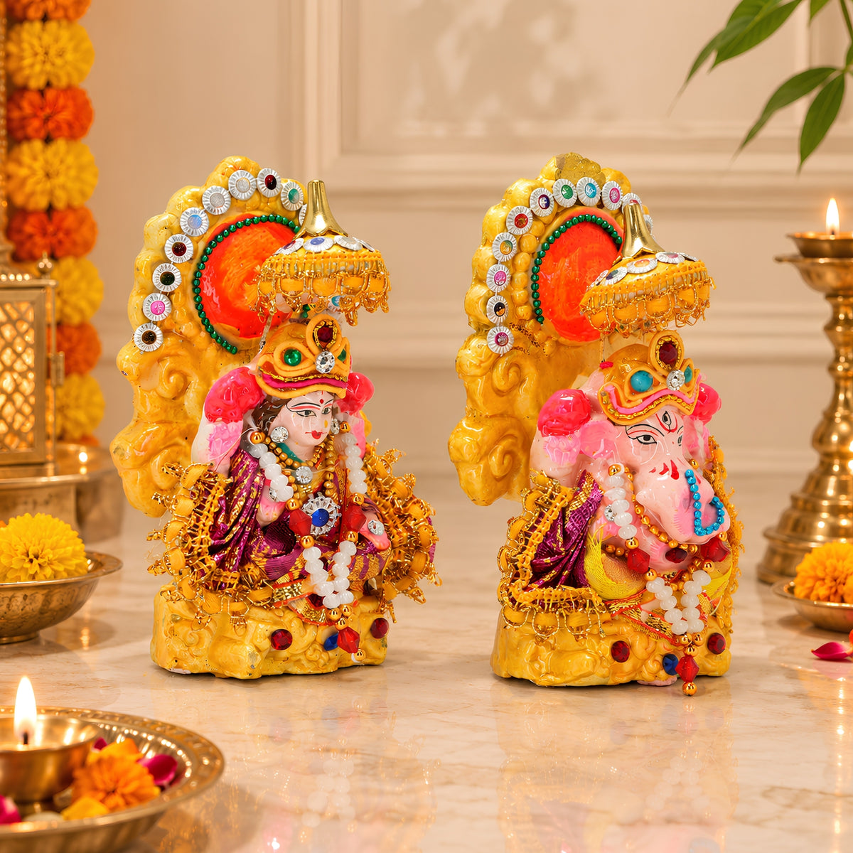 Eco-Friendly Laxmi Ganesh Clay Idol Set – 6 Inch Handcrafted Terracotta Statues for Diwali Pooja, Home Décor & Sustainable Gifting by Upharkaro