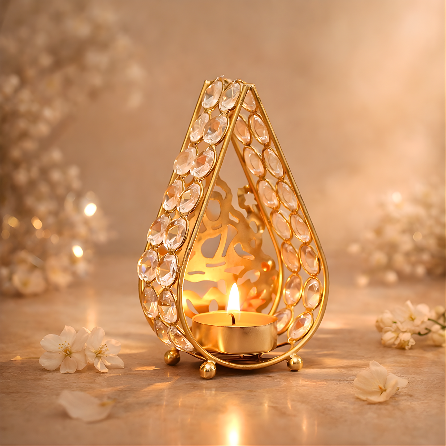 Upharkaro Golden Metal Tealight Candle Holder with Crystal Design (5 Inch) Decorative Diya Stand for Home Decor, Pooja Room, Diwali Decoration