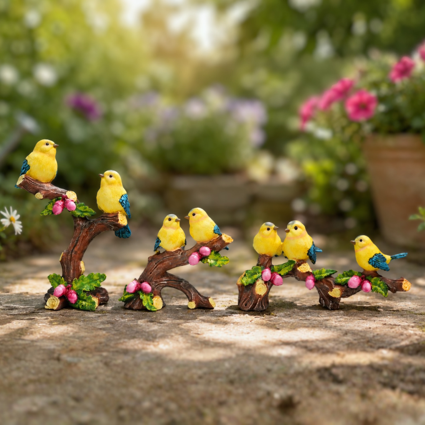 Upharkaro Premium Yellow Sparrow Birds on Branch Set of 3 | Decorative Resin Birds for Home & Garden Decor By Upharkaro