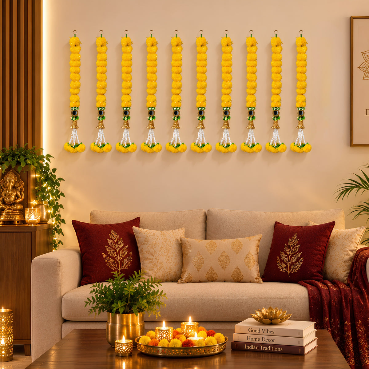 Upharkaro Marigold Flower Latkan for Door & Home Decor – 10 Pc Set | Handmade Decorative Hanging Toran with Beads & Tassels | Diwali, Festive & Pooja Decoration