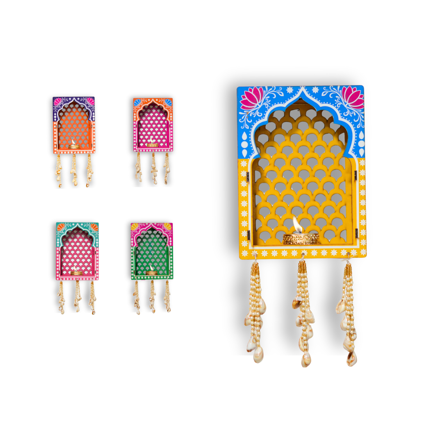 Decorative wall hook with colorful arch design and hanging beads on a white background