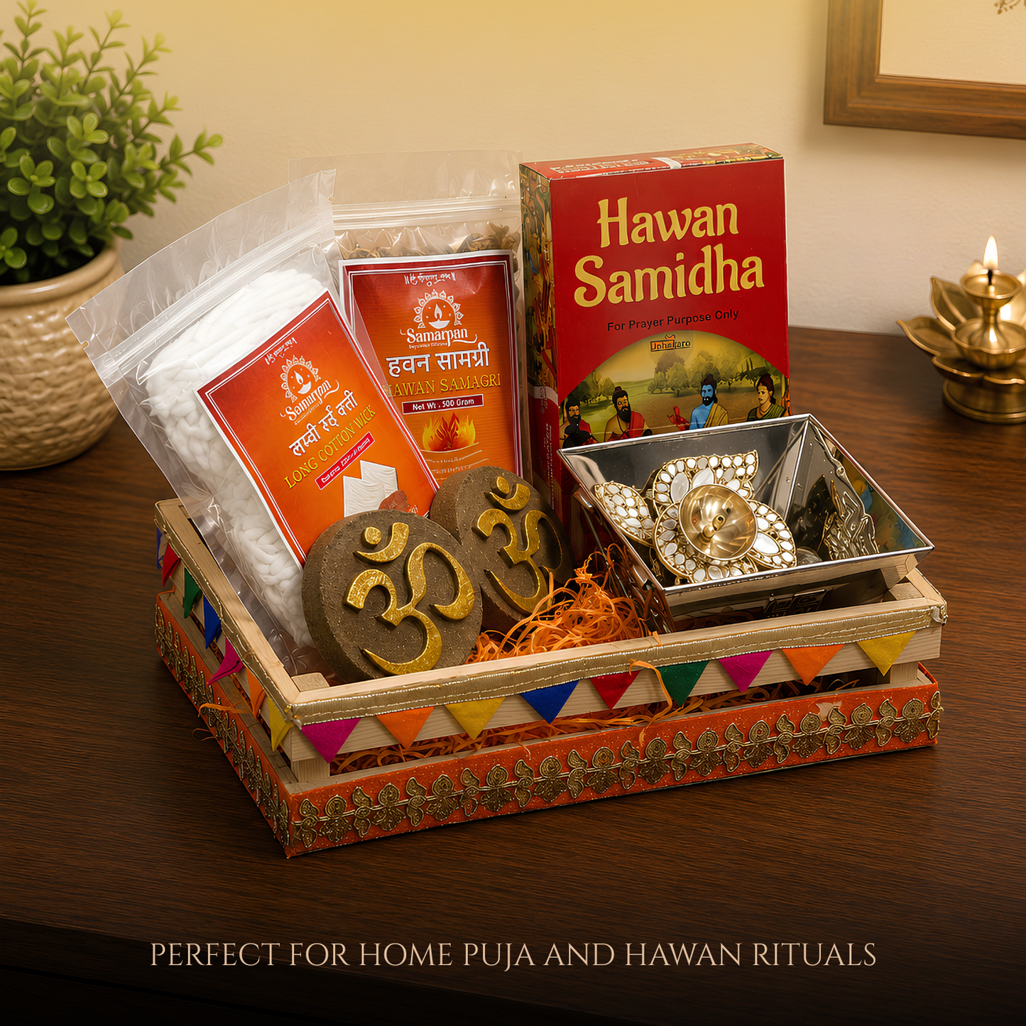 Upharkaro Complete Hawan Kit for Home & Temple | Hawan Kund, Hawan Samagri, Samidha, Long Cotton Wicks, Om Cow Dung & Decorative Swastik Diya | Puja & Yagya Essentials Gift Set