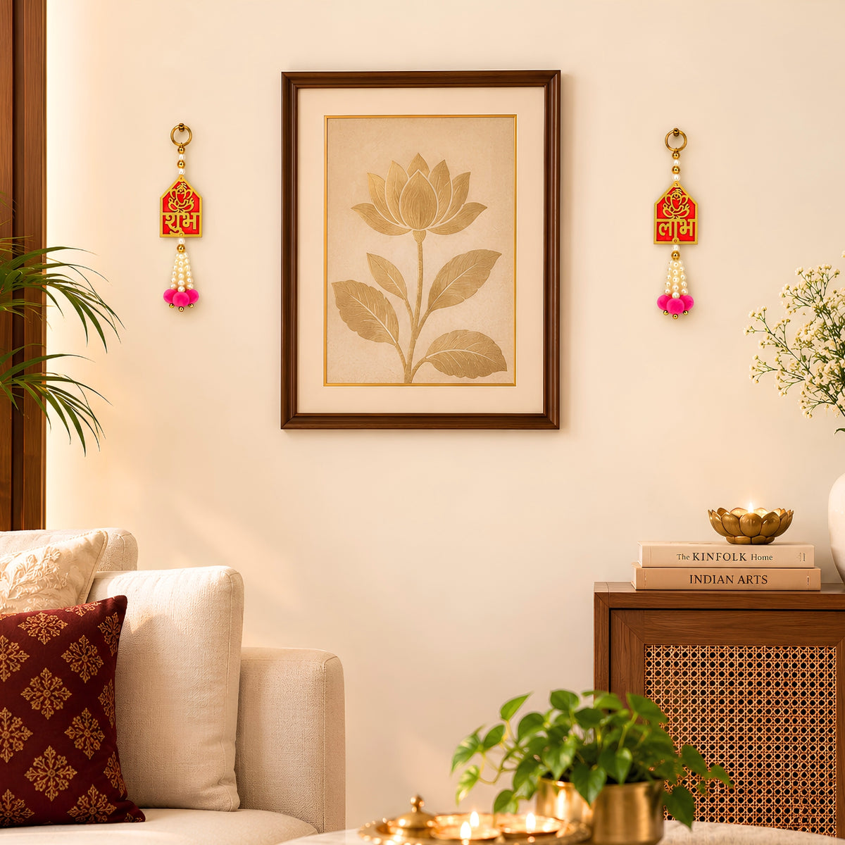 Upharkaro Shubh Labh Ganesha Hanging Latkan | Decorative Door & Wall Hanging with Pearl Beads & Pink Tassels for Diwali, Pooja & Festive Decor