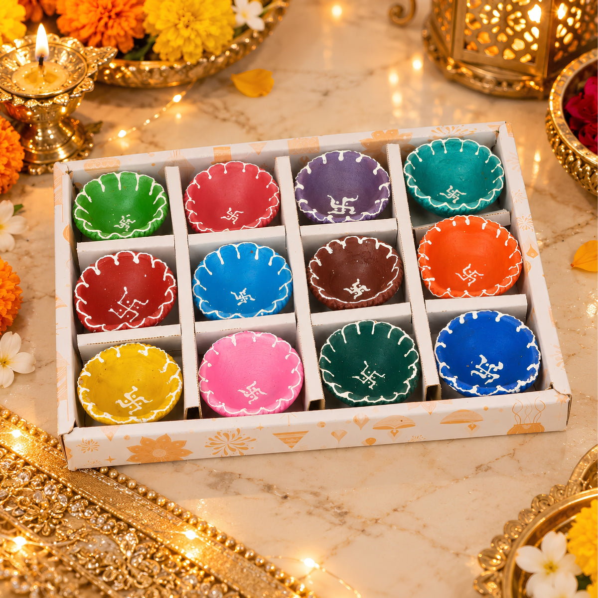 Hand-Painted Clay Fancy Swastik Diya Set of 12 – Decorative Traditional Diyas for Diwali, Pooja, Home Decor & Festive Gifting