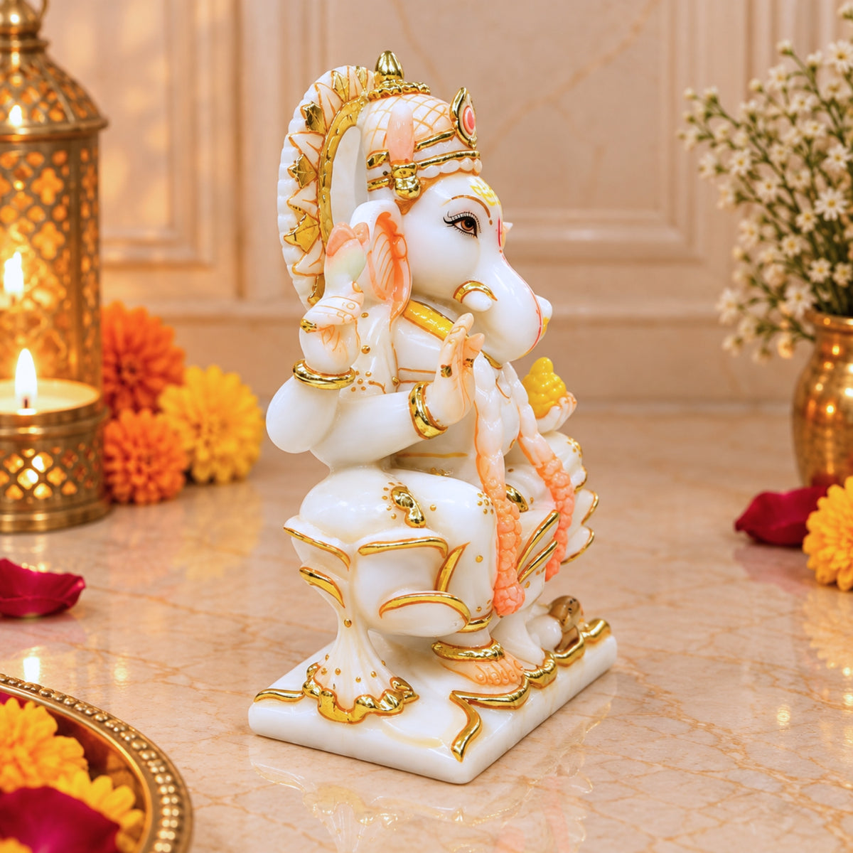 Marble Dust Lotus Ganesh Idol for Home Decor | 9 - Inch Vinayaka Statue | Decorative Ganesha Idol for Pooja Room, Mandir, Diwali, Housewarming Gift & Spiritual Decor (White Marble Look)