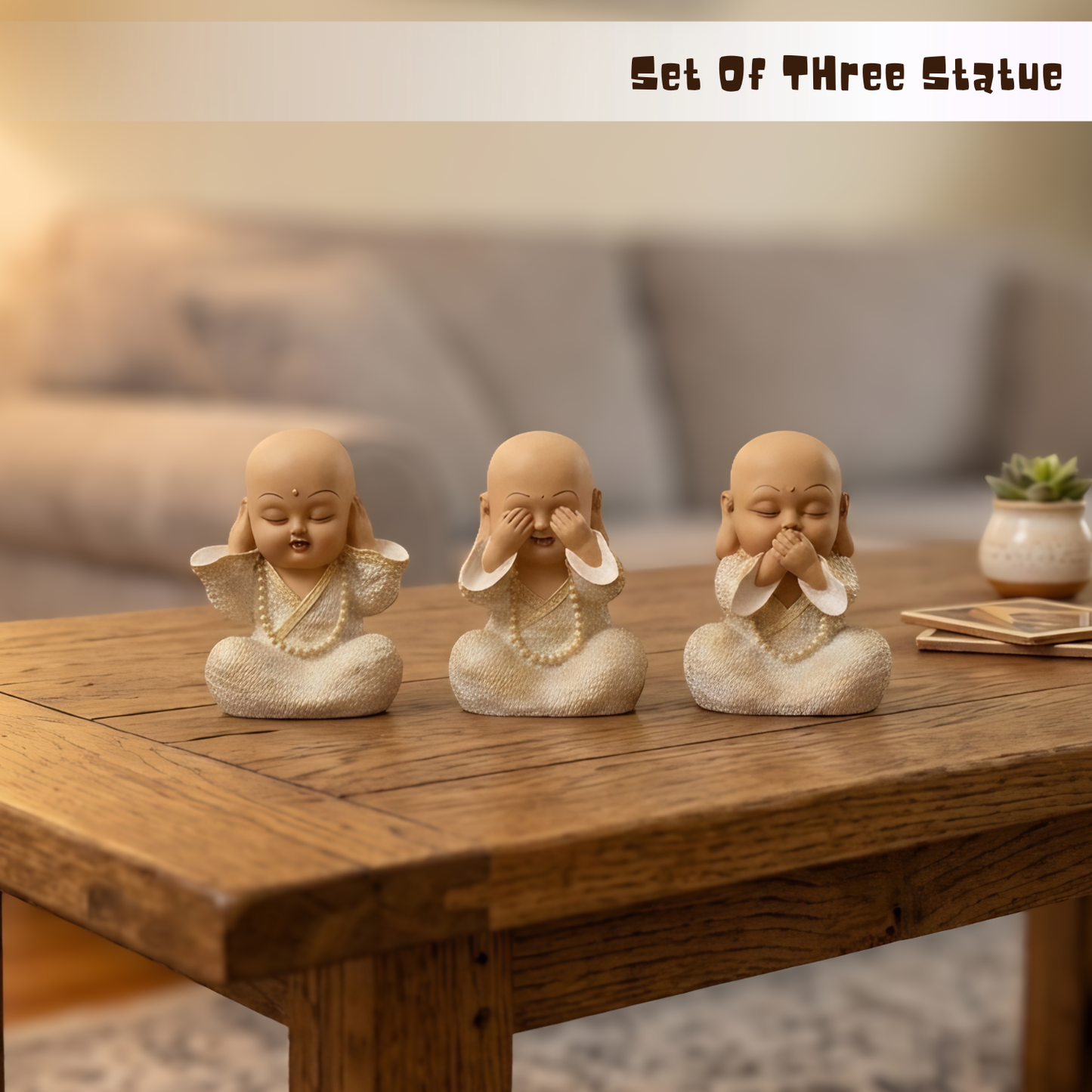 Upharkaro Mini Buddha Monk Statue Set of 3 | Cute Wise Monk Figurines for Home & Office Decor By Upharkaro