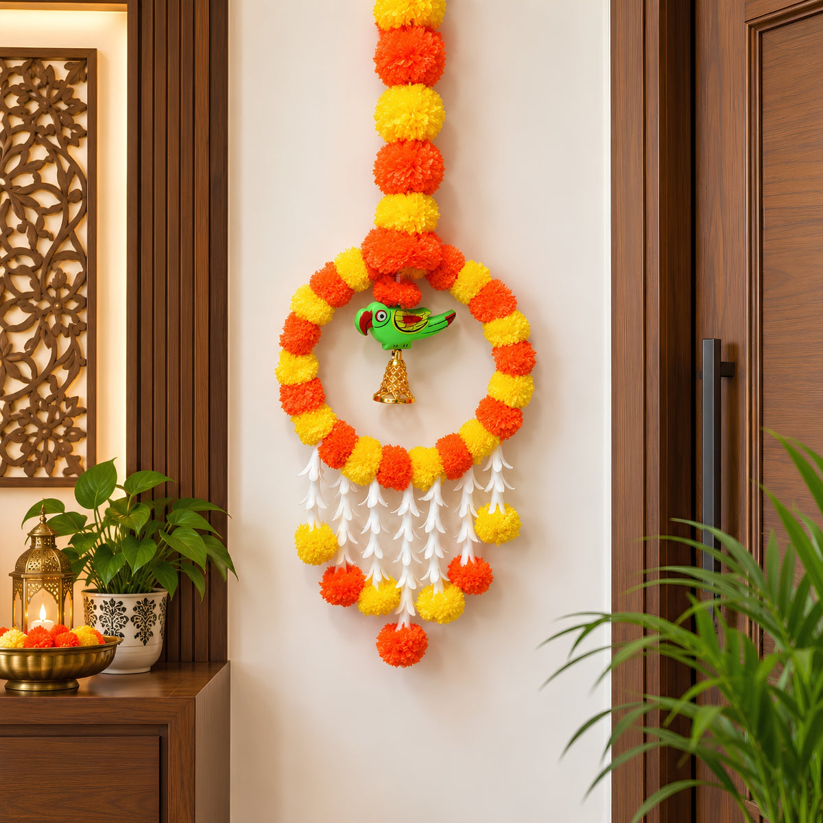 Upharkaro Decorative Marigold Flower Hanging Latkan with Parrot Design – 6 Feet, 1 Pc | Traditional Door & Wall Hanging for Diwali, Wedding & Festive Decor