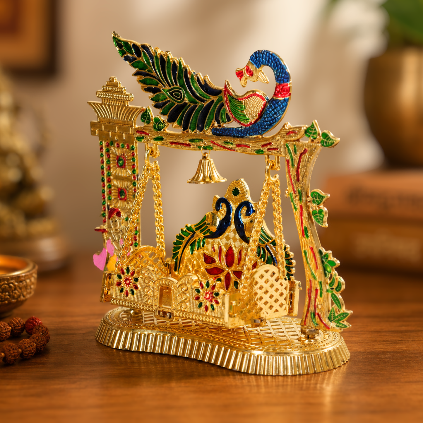 Decorative Meenakari Plastic Jhula for Laddu Gopal | Golden Peacock Design Swing for Krishna Ji | Home Temple & Janmashtami Decor