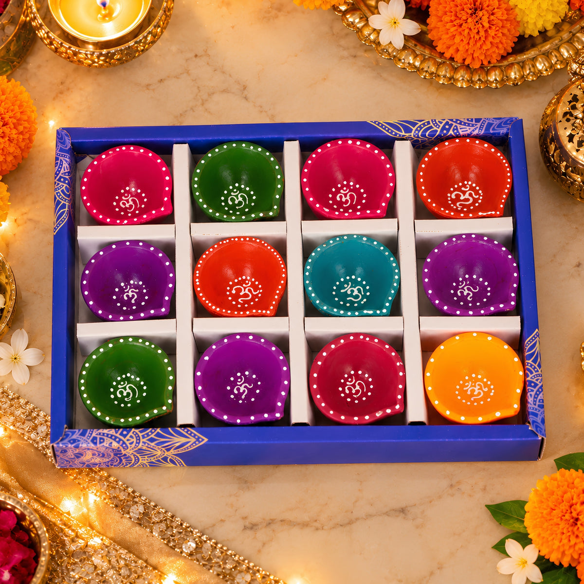 Hand-Painted Clay Fancy Om Diya Set of 12 – Decorative Traditional Diyas for Diwali, Pooja, Home Decor & Festive Gifting