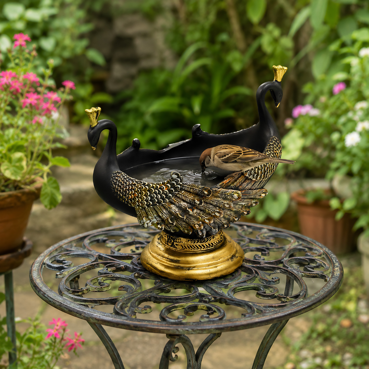 Upharkaro Twin Peacock Decorative Bird Bath | Elegant Water Feeder for Home & Outdoor Decor By Upharkaro