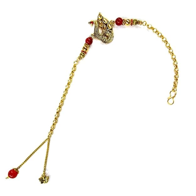 Peacock Charm Bracelet Style Lumba Rakhi with Red Beads for Bhabhi