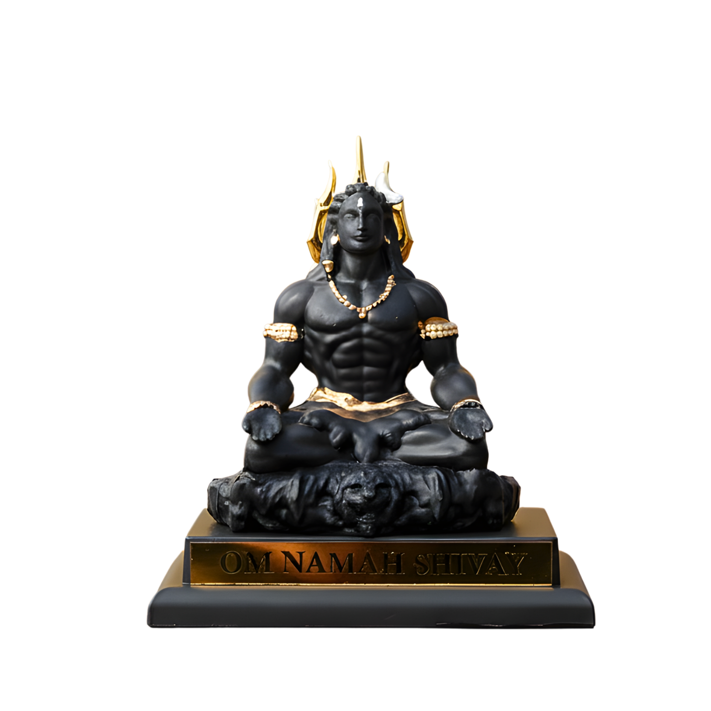 Black and gold statue of a seated figure on a white background