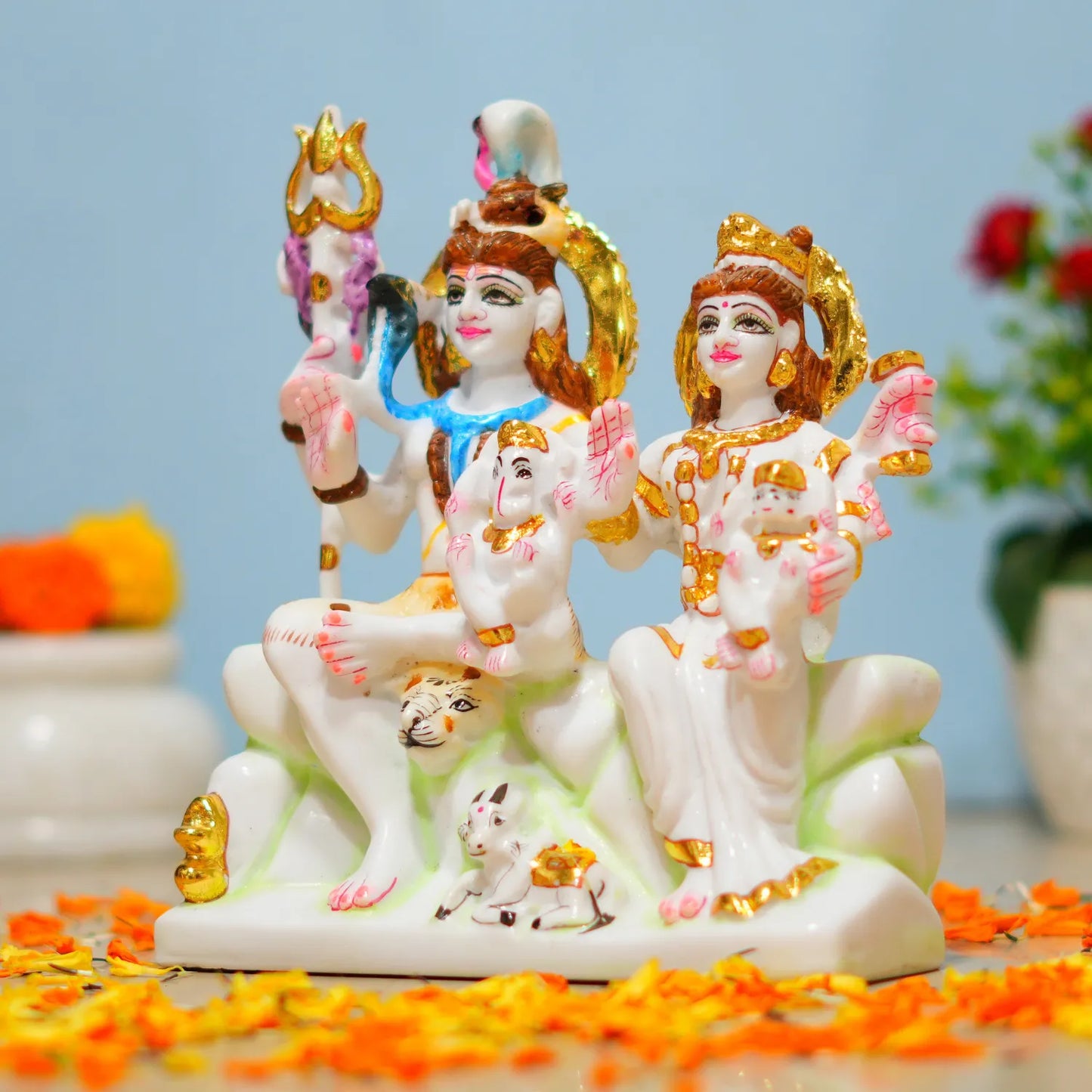 Marble Dust Shiv Pariwar Idol – 9 Inch | Divine Family Statue for Mandir & Home Décor By Upharkaro